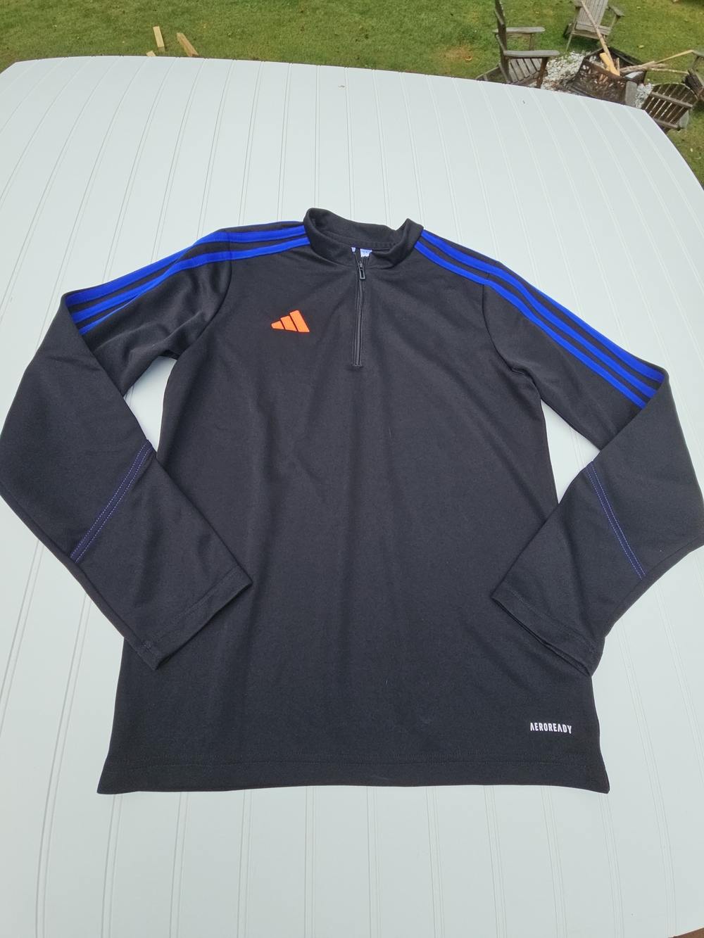 adidas Black Long-Sleeve 1/4 Zip Training Top with Blue Stripes and Orange Logo